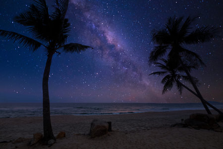Beautiful nature fantasy - romantic beach and milky way with star. Retro style with vintage color tone. Summer season, honeymoon in night skies background concept.の写真素材