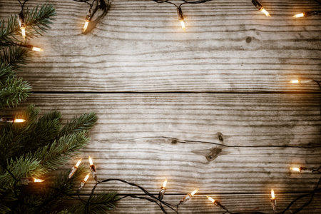 Christmas background - Christmas lights bulb and  fir branch on rustic wood table, frame border...