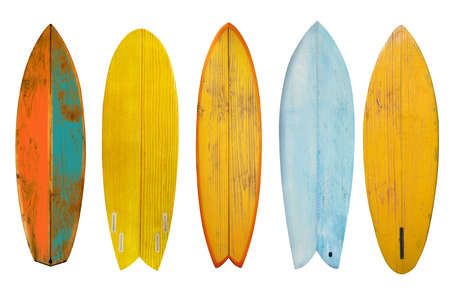 Collection of vintage wooden fishboard shortboard surfboard isolated on white with clipping path for object, retro styles.の写真素材