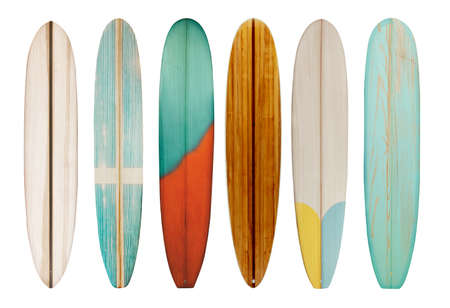 Collection of vintage wooden longboard surfboard isolated on white with clipping path for object, retro styles.の写真素材