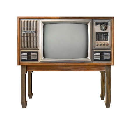 Vintage television - black and white tv isolate on white with clipping path for object, old technologyの写真素材