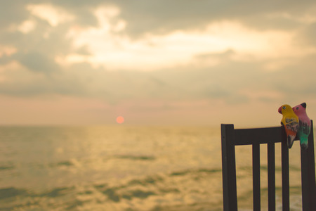 ceramic birds on chair with seascape.の写真素材