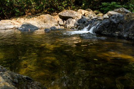 Small waterfall with natural light in deep forest.の写真素材