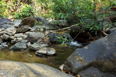Small waterfall with natural light in deep forest.の写真素材