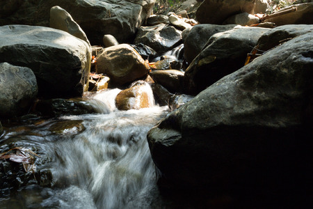 Small waterfall with natural light in deep forest.の写真素材