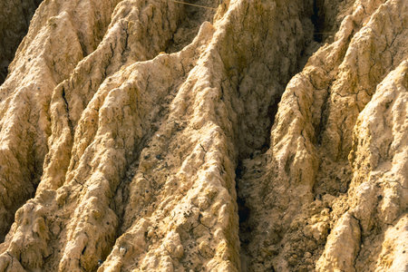 A pile of soil that has been eroded into a large rut when it rains.