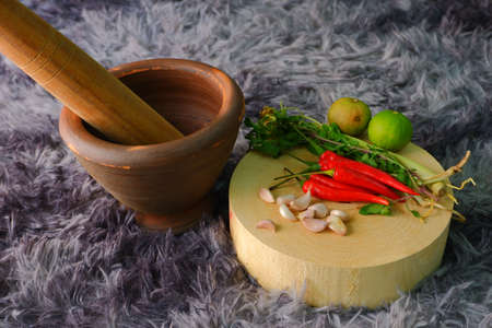 Thai kitchen appliances and cooking ingredientsの写真素材