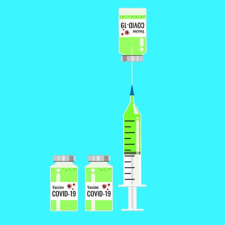 One syringe is drawing a green vaccine (covid-19 vaccine). A bottle is on the top of the syringe and bottles has the symbol and the letter attached on the label.Vector illustration.のイラスト素材
