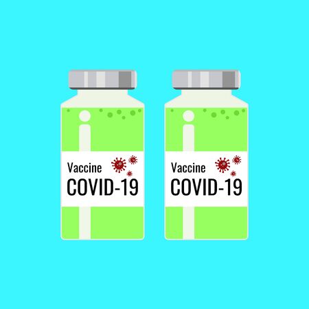 Vaccines bottle contains the covid-19 vaccine.There is a letter and a virus symbol on the bottle.のイラスト素材
