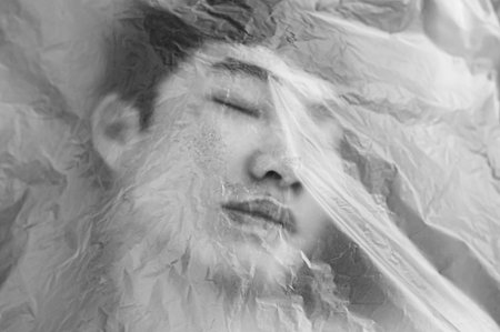 Asian gay man is wearing a plastic bag on his head that has suffocated a concept to stop using plastic and environmental pollution or stops marine and world pollution.And copy space.の写真素材
