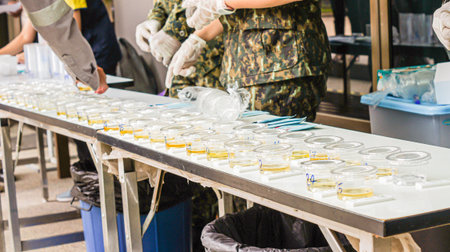 Several clear cups of urine were placed on the table, ready for the inspector to examine the...