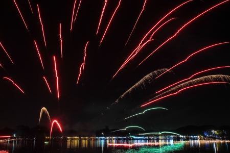 A shot of firework on the lake surface の写真素材