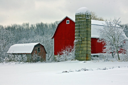 Red Barn in White Snowy Field in Wisconsin