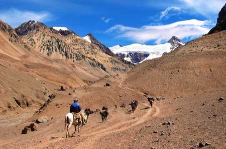 beautiful mountain landscape near aconcagua with hikers in front trekking as seen in argentina, south america.の写真素材