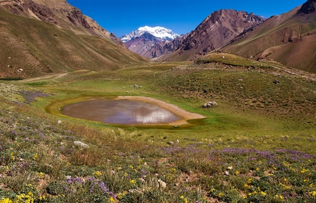 Beautiful nature landscape with famous Aconcagua in the background as seen in Aconcagua National Park, Argentina, South America.の写真素材