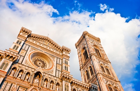 Florence Cathedral with Giotto s Campanile at sunset on Piazza del Duomo in Florence, Italyの写真素材