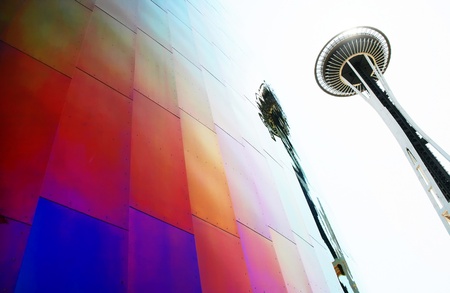 Seattle, WA, July 03 - The Space Needle and its reflection on the surface of the EMP Museum on July 3, 2012 in Seattle, WA. Built in 1962, the Space Needle celebrates its 50th anniversary this year.のeditorial素材