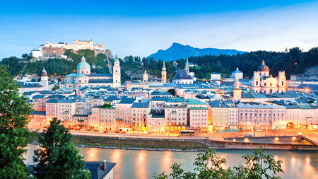 Salzburg panorama at dusk as seen from Kapuzinerberg in Salzburg, Austriaの写真素材