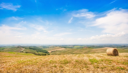 Beautiful landscape with hay bale in spring, Val d Orcia, Tuscany, Italyの写真素材