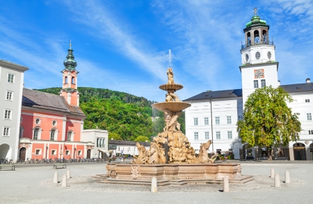 Beautiful view of Residenzplatz with famous Residenzbrunnen in Salzburg, Salzburger Land, Austriaのeditorial素材