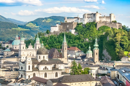 Beautiful view of the historic city of Salzburg with Festung Hohensalzburg in summer, Salzburger Land, Austriaの写真素材
