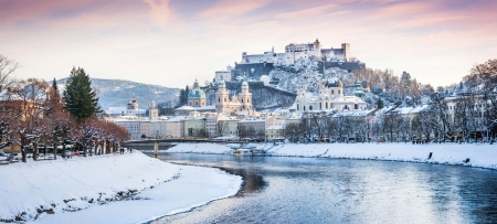 Beautiful view of Salzburg skyline with Festung Hohensalzburg and river Salzach in winter, Salzburger Land, Austriaの写真素材