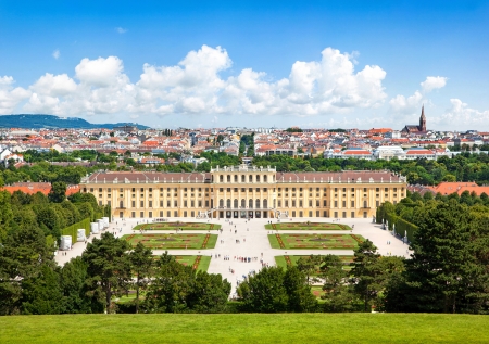 Beautiful view of famous Schoenbrunn Palace with Great Parterre garden in Vienna, Austria