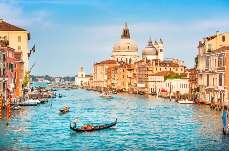 Beautiful view of famous Canal Grande and Basilica di Santa Maria della Salute at sunset in Venice, Italyのeditorial素材
