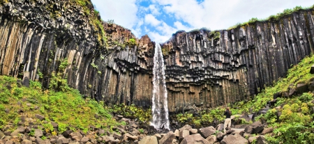 Panoramic view of famous Svartifoss (Black Fall) in Skaftafell National Park, southeast Icelandの写真素材
