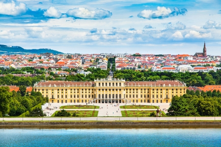 Beautiful view of famous Schonbrunn Palace with Great Parterre garden in Vienna, Austriaのeditorial素材