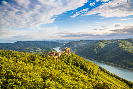Beautiful landscape with Aggstein castle ruin and Danube river at sunset in Wachau, Austriaのeditorial素材