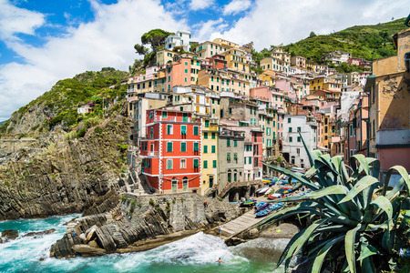 Beautiful view of Riomaggiore, one of the five famous fisherman villages of Cinque Terre in Liguria, Italyの写真素材