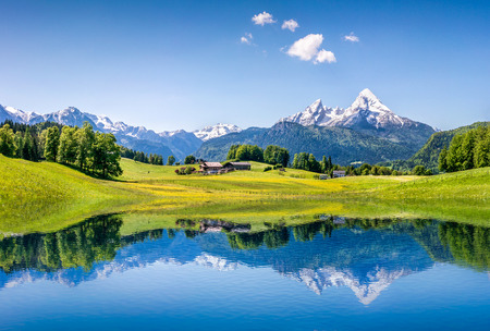 Idyllic summer landscape with clear mountain lake in the Alps