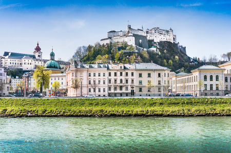 Beautiful view of Salzburg skyline with Festung Hohensalzburg and Salzach river in summer, Salzburg, Salzburger Land, Austriaのeditorial素材