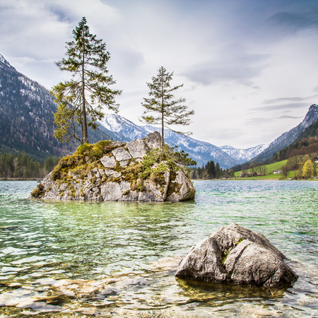Idyllic landscape with trees on a rock at lake Hintersee, Nationalpark Berchtesgadener Land, Bavaria, Germanyの写真素材