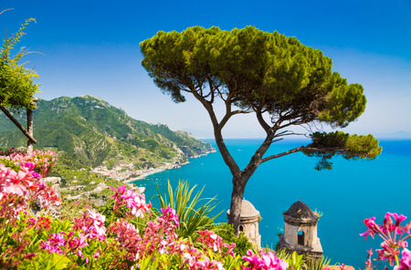 Scenic picture-postcard view of famous Amalfi Coast with Gulf of Salerno from Villa Rufolo gardens in Ravello, Campania, Italyの写真素材