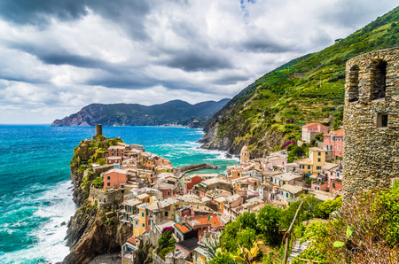 Beautiful view of Vernazza, one of the five famous fisherman villages of Cinque Terre with dramatic cloudscape in Liguria, Italyの写真素材