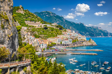 Scenic picture-postcard view of the beautiful town of Amalfi at famous Amalfi Coast with Gulf of Salerno, Campania, Italyの写真素材
