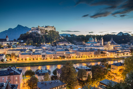 Historic city of Salzburg with Hohensalzburg Fortress at dusk, Salzburger Land, Austriaの写真素材