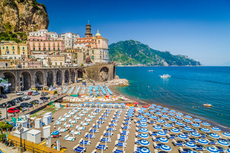 Scenic picture-postcard view of the beautiful town of Atrani at famous Amalfi Coast with Gulf of Salerno, Campania, Italyの写真素材