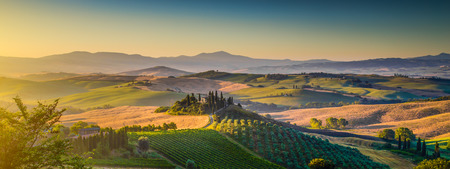 Scenic Tuscany landscape panorama with rolling hills and harvest fields in golden morning light, Val d Orcia, Tuscany, Italy