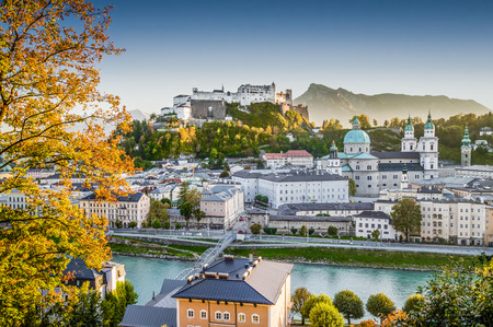 Aerial view of the historic city of Salzburg with Hohensalzburg Fortress in beautiful evening light in fall, Salzburger Land, Austriaの写真素材