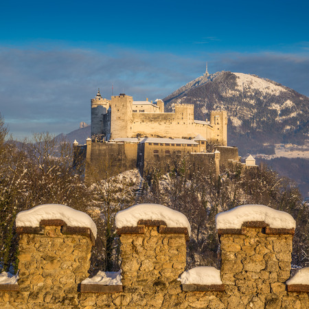 Beautiful view of famous Hohensalzburg Fortress at sunset in winter, Salzburg, Salzburger Land, Austriaのeditorial素材