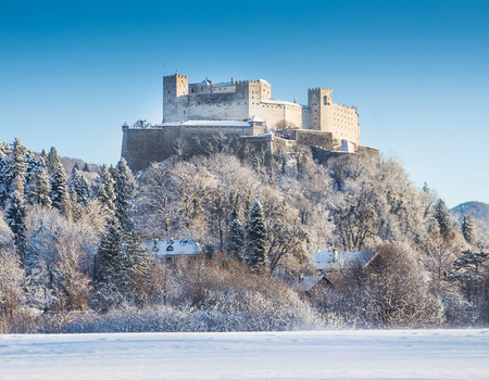Beautiful view of famous Hohensalzburg Fortress at sunrise in winter, Salzburg, Salzburger Land, Austriaのeditorial素材