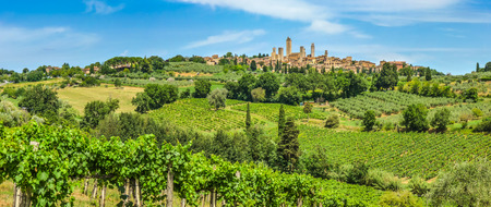 Panoramic view of the medieval town of San Gimignano on a hill, Tuscany, Italyの写真素材
