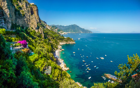 Panoramic view of famous Amalfi Coast with beautiful Gulf of Salerno, Campania, Italyの写真素材