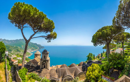 Scenic picture-postcard view of famous Amalfi Coast with Gulf of Salerno from Villa Rufolo gardens in Ravello, Campania, Italyの写真素材