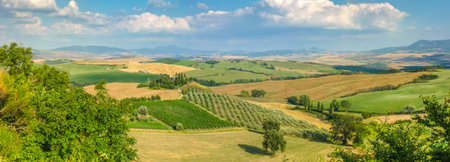 Scenic Tuscany landscape with rolling hills and valleys in golden evening light, Val d'Orcia, Italy