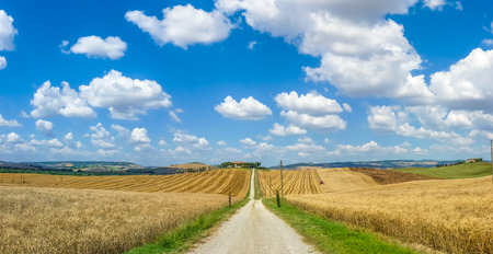 Scenic Tuscany landscape with rolling hills and traditional farm house in Val d'Orcia, Italyの写真素材