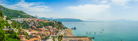 Beautiful view of Vietri sul Mare, the first town on the Amalfi Coast, with the Gulf of Salerno, province of Salerno, Campania, southern Italyの写真素材